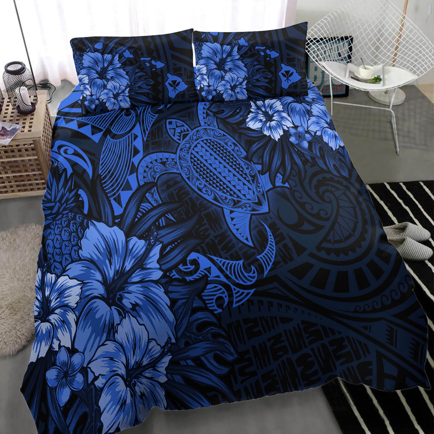Hawaii Bedding Set - Hawaii Polynesian Turtle Tropical Blue Bedding Set