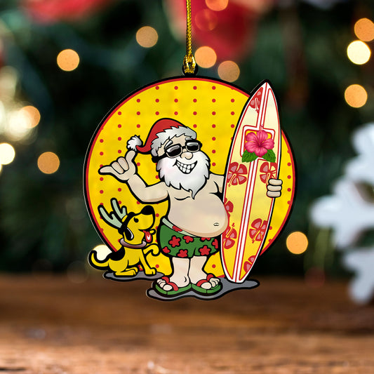 Hawaii Custom Personalised Acrylic And Wooden Ornament Santa Claus With His Surfboard Funny