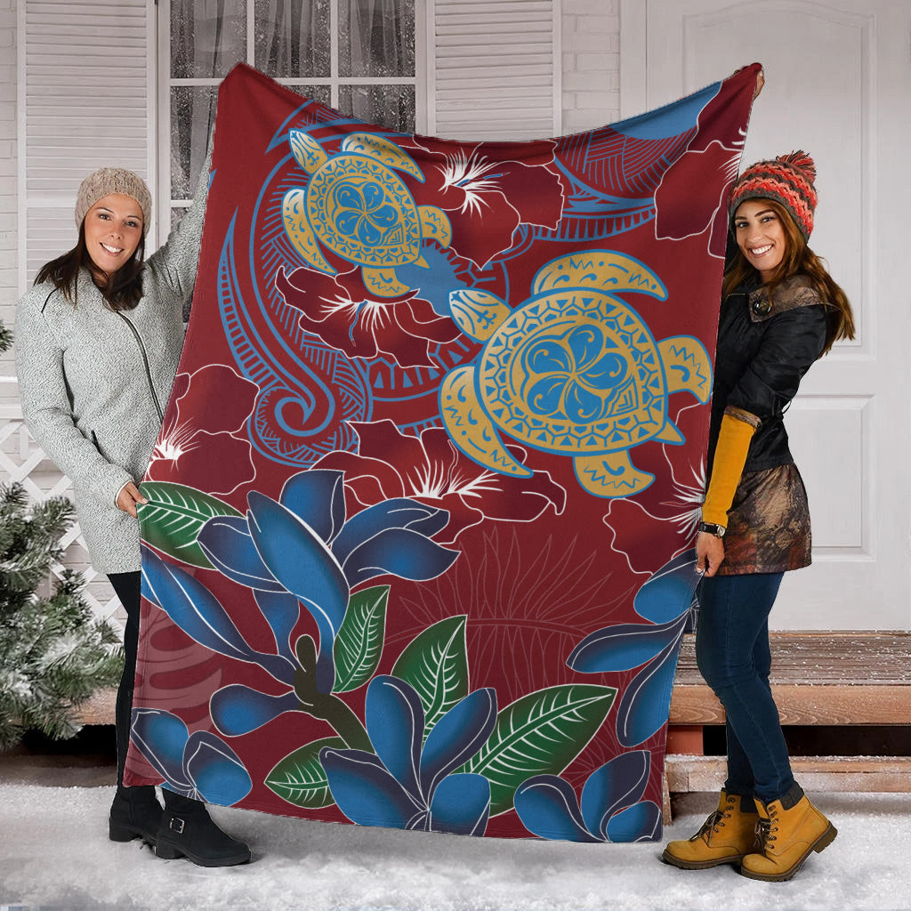 Hawaii Premium Blanket Polynesian Cultures Turtle Couple Tropical Flowers Red Color