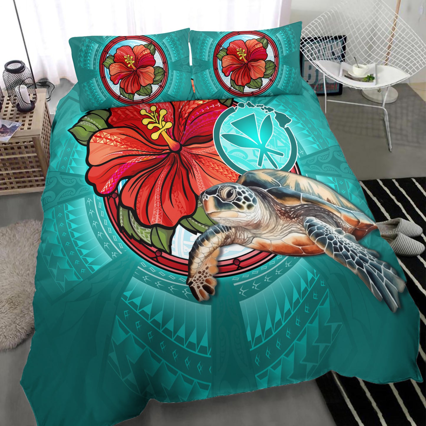 Hawaii Bedding Set Hawaiian Map Turtle Hibiscus Flowers Polynesian Patterns Style