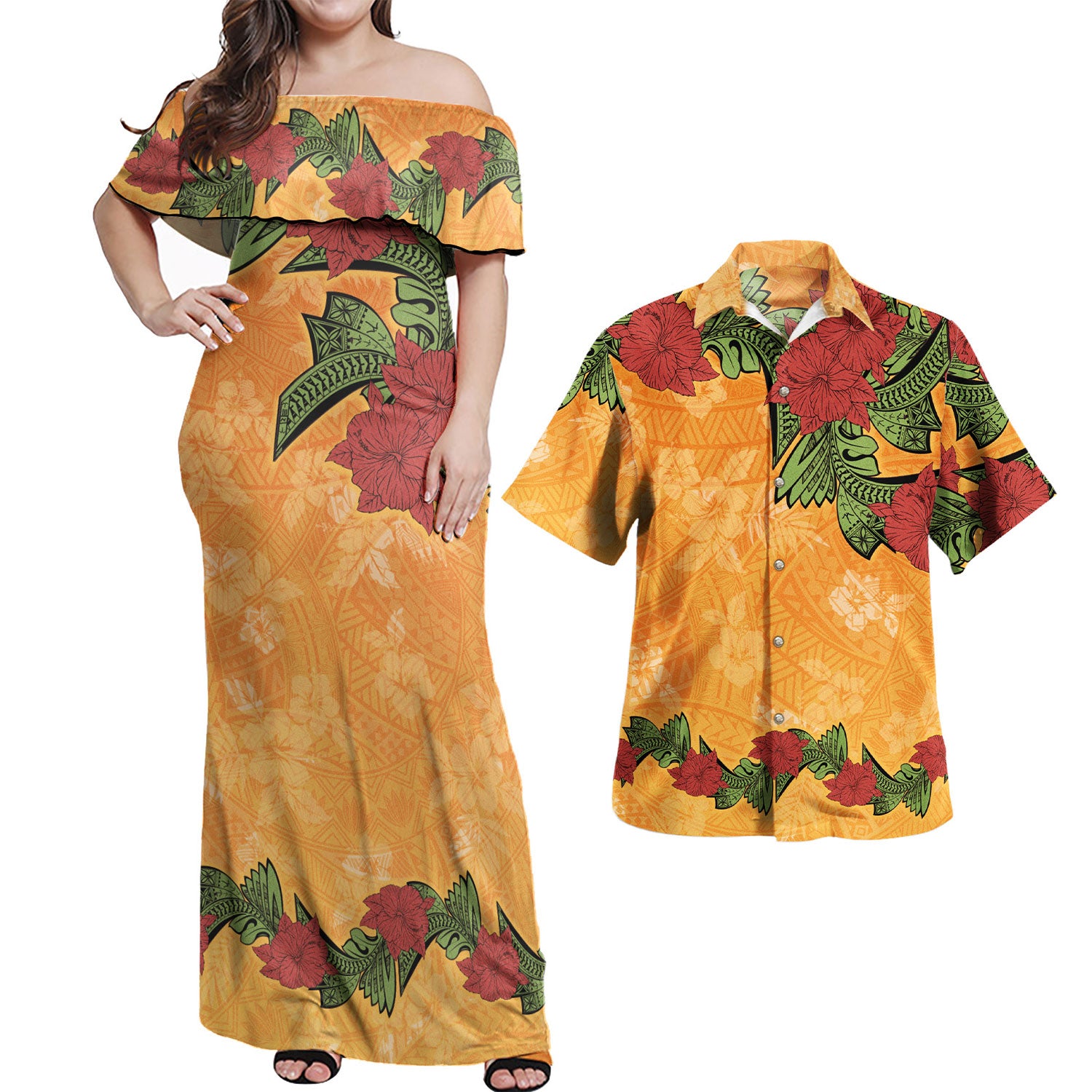 Polynesian Combo Off Shoulder Long Dress And Shirt Tropical Flowers Polynesian Tribal Motif