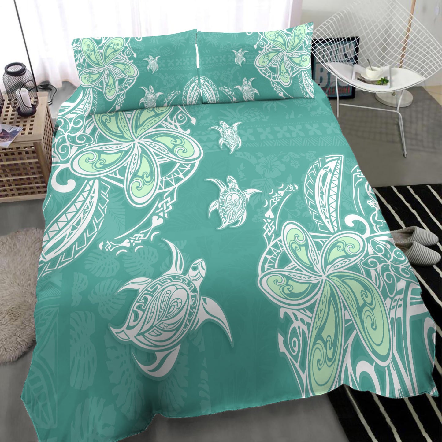 Hawaii Bedding Set Polynesian Pattern Plumeria Turtles