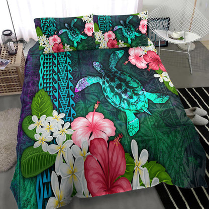 Hawaii Bedding Set Sea Turtle Abstract Background With Tropical Flowers Hibiscus And Plumeria