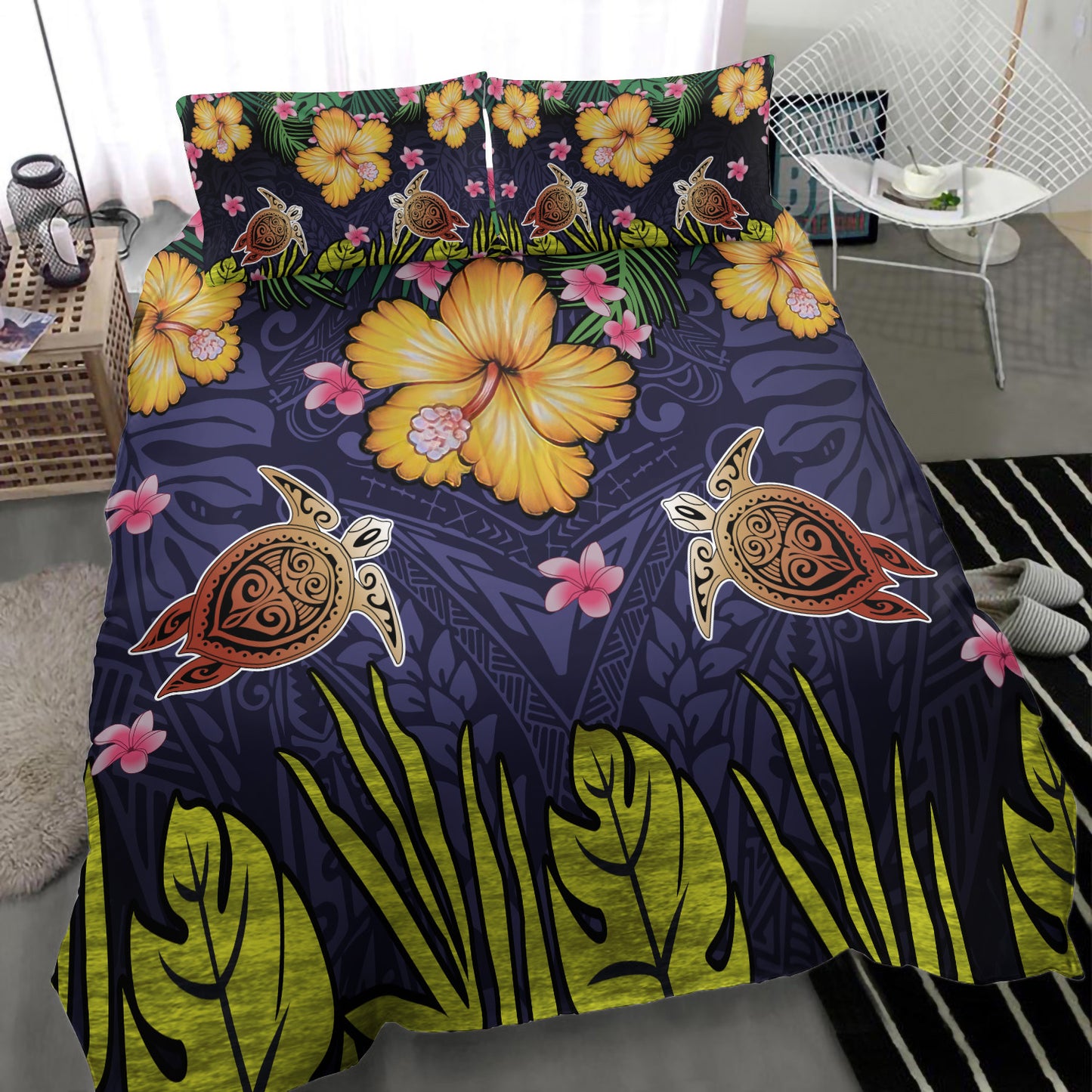 Hawaii Bedding Set Polynesian Patterns Turtle Couple Hibiscus Plumeria Flowers