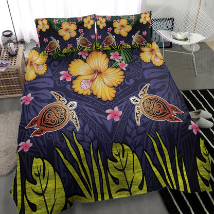 Hawaii Bedding Set Polynesian Patterns Turtle Couple Hibiscus Plumeria Flowers