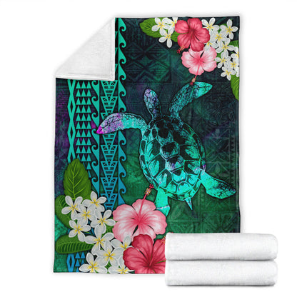 Hawaii Premium Blanket Sea Turtle Abstract Background With Tropical Flowers Hibiscus And Plumeria