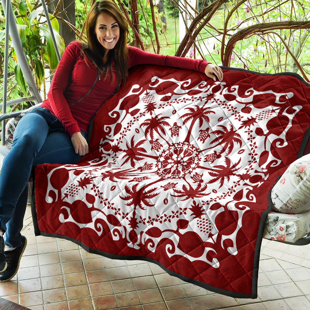 Hawaii Premium Quilt Red Hawaii Pattern Palm Trees and Turtles Polynesian