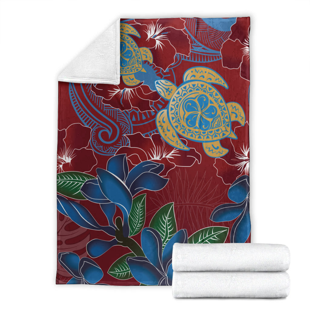 Hawaii Premium Blanket Polynesian Cultures Turtle Couple Tropical Flowers Red Color