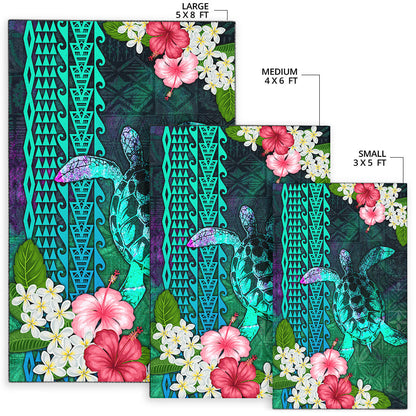 Hawaii Area Rug Sea Turtle Abstract Background With Tropical Flowers Hibiscus And Plumeria