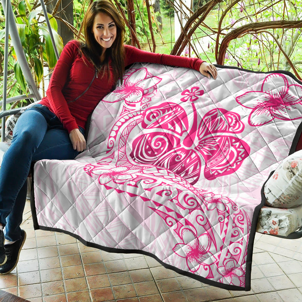 Hawaii Premium Quilt Pink Hibiscus And Plumeria Flowers Polynesian Decor