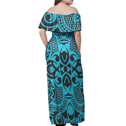 Polynesian Woman Off Shoulder Long Dress - Polynesian Pattern 07
