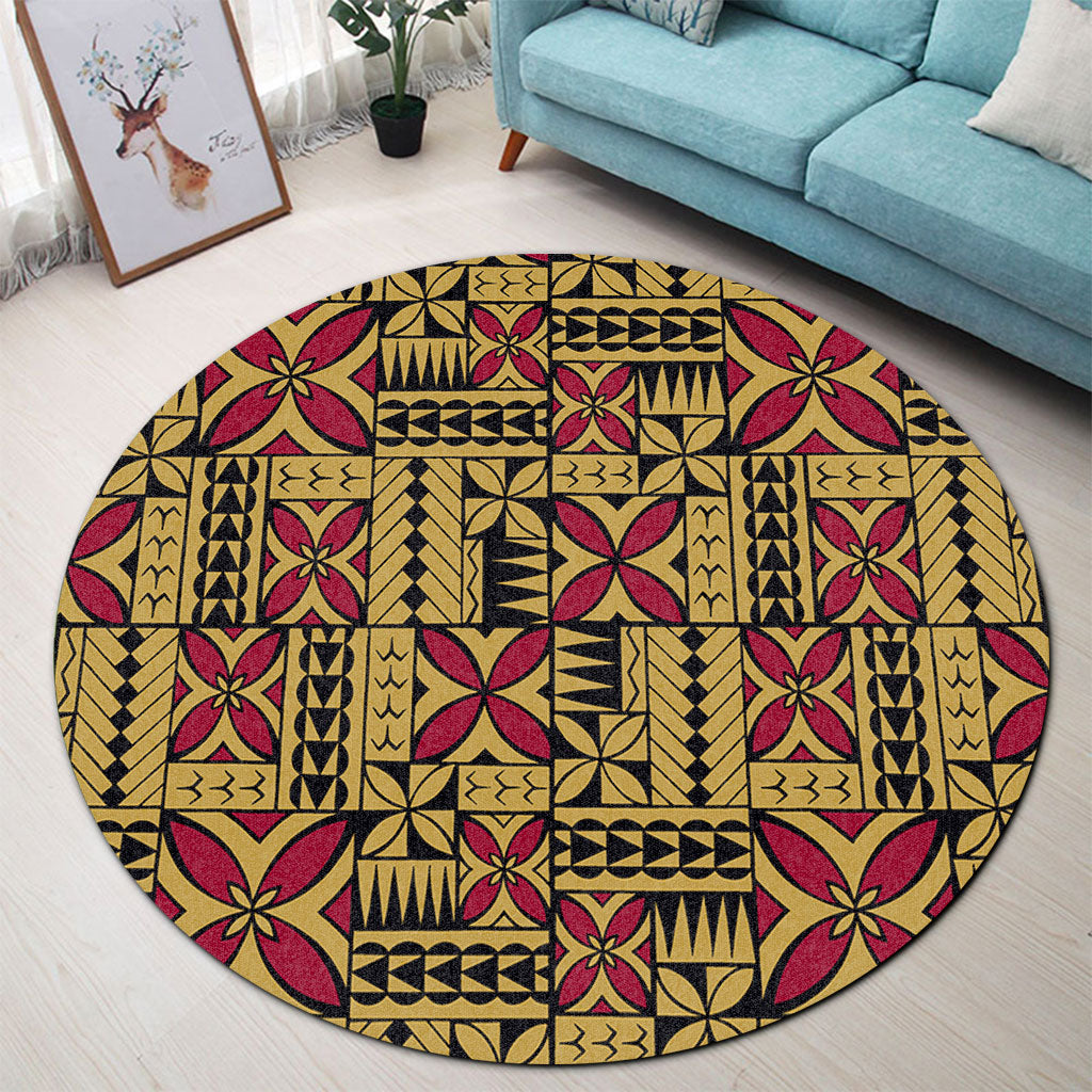 Samoa Round Rug Siapo Design Tribal Pattern Yellow