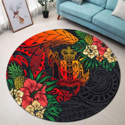 New Zealand Round Rug Polynesian Coat Of Arms Tropical