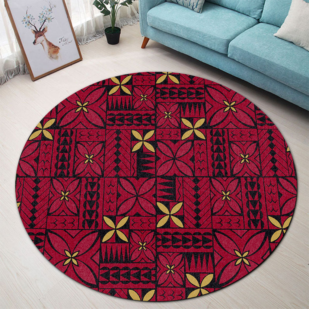 Samoa Round Rug Siapo Design Tribal Pattern Red
