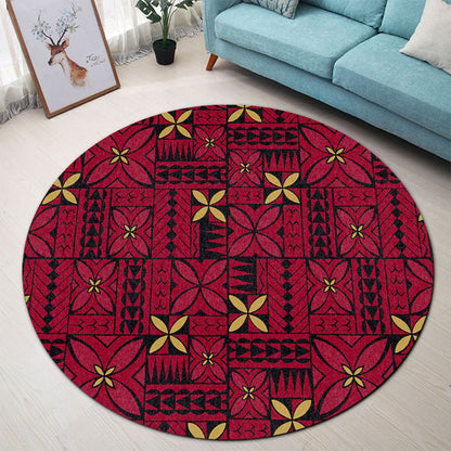 Samoa Round Rug Siapo Design Tribal Pattern Red