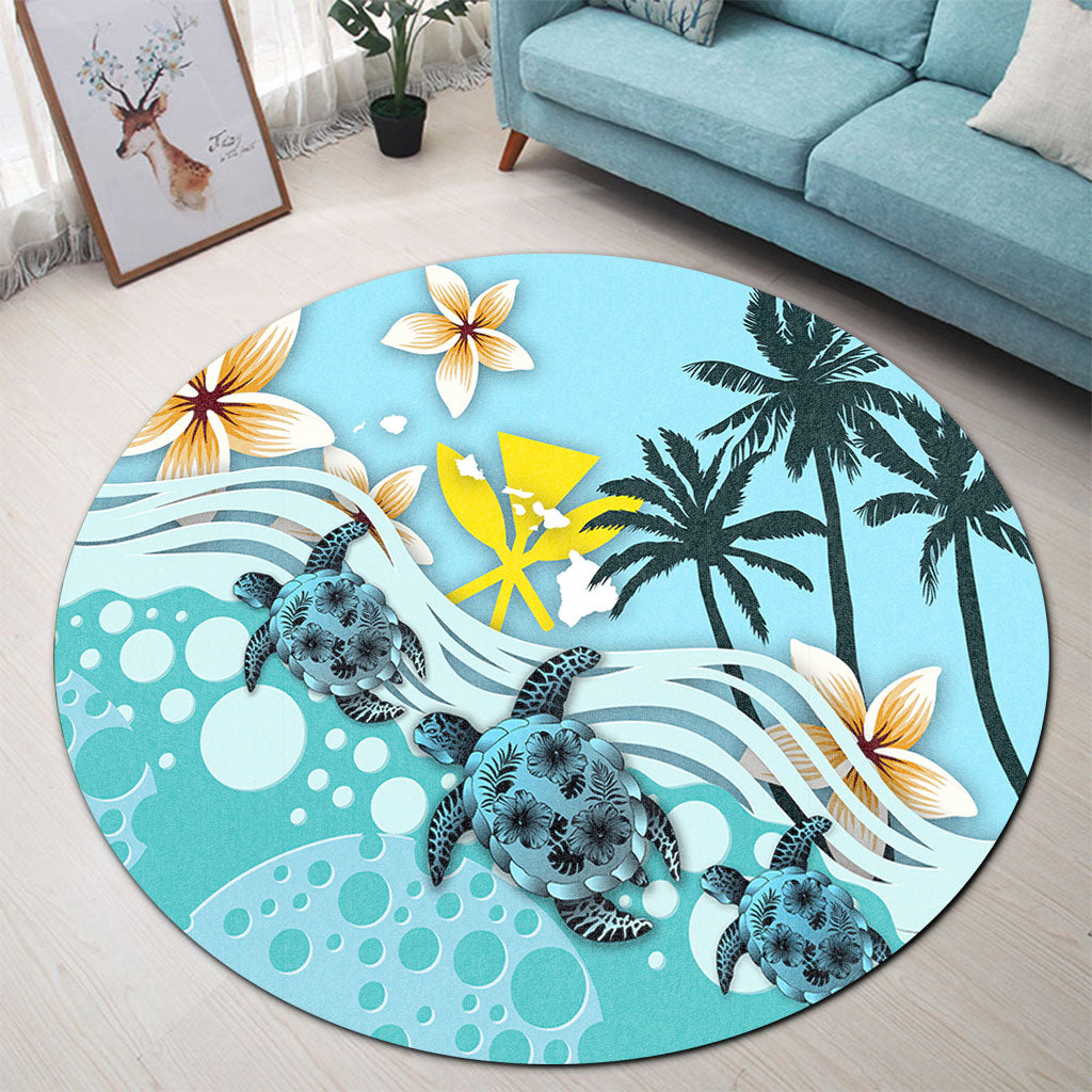 Hawaii Round Rug Kanaka Maoli Turte Blue Hibiscus