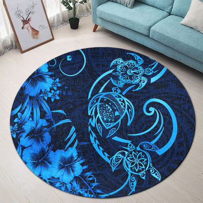 Hawaii Round Rug Hibiscus Flower And Map On The Back Turtle