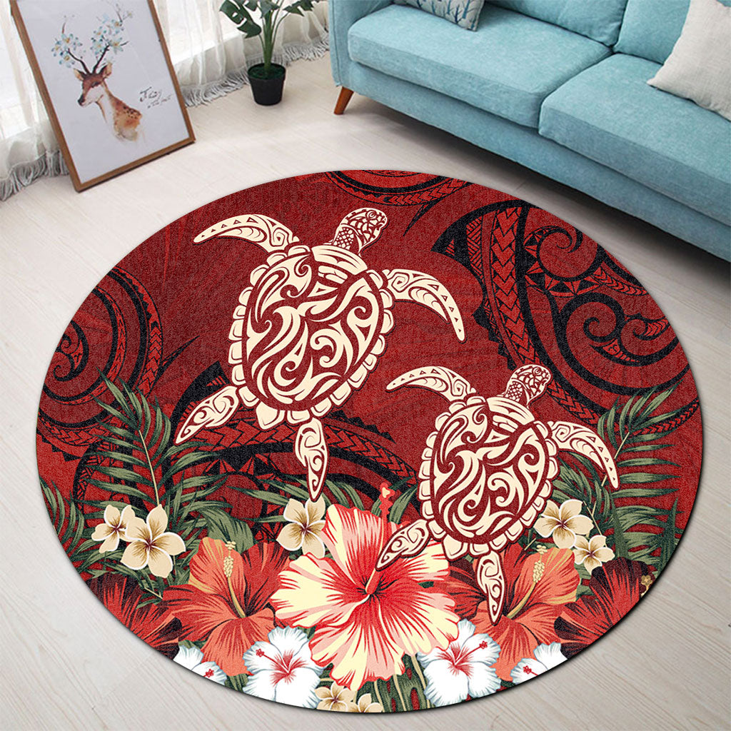 Hawaii Round Rug Polynesia Turtle Drawing Tropical Flower