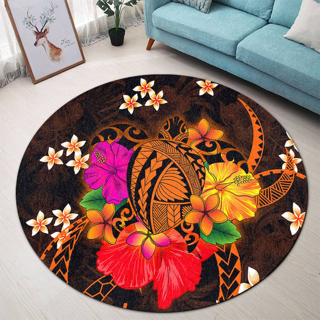 Hawaii Round Rug Polynesia Tribal Turtle Tropical Flower