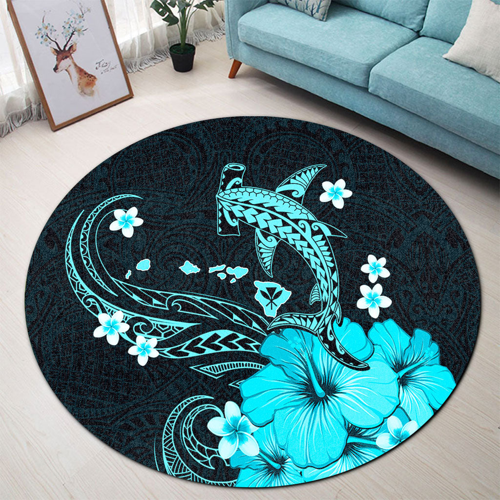 Hawaii Round Rug Kanaka Map And Shark Tribal Tattoo Turquoise