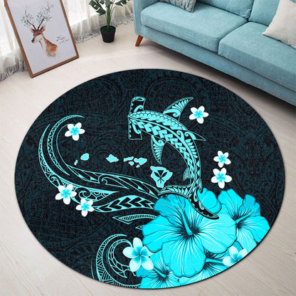 Hawaii Round Rug Kanaka Map And Shark Tribal Tattoo Turquoise