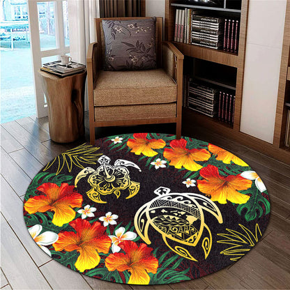 Hawaii Round Rug Polynesian Tribal Floral Turtle