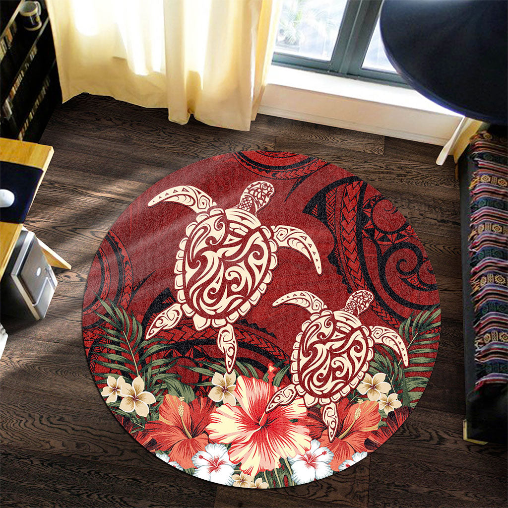 Hawaii Round Rug Polynesia Turtle Drawing Tropical Flower