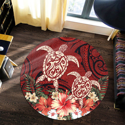 Hawaii Round Rug Polynesia Turtle Drawing Tropical Flower