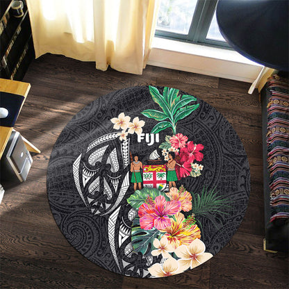 Fiji Round Rug Coat Of Arms Polynesian With Hibiscus