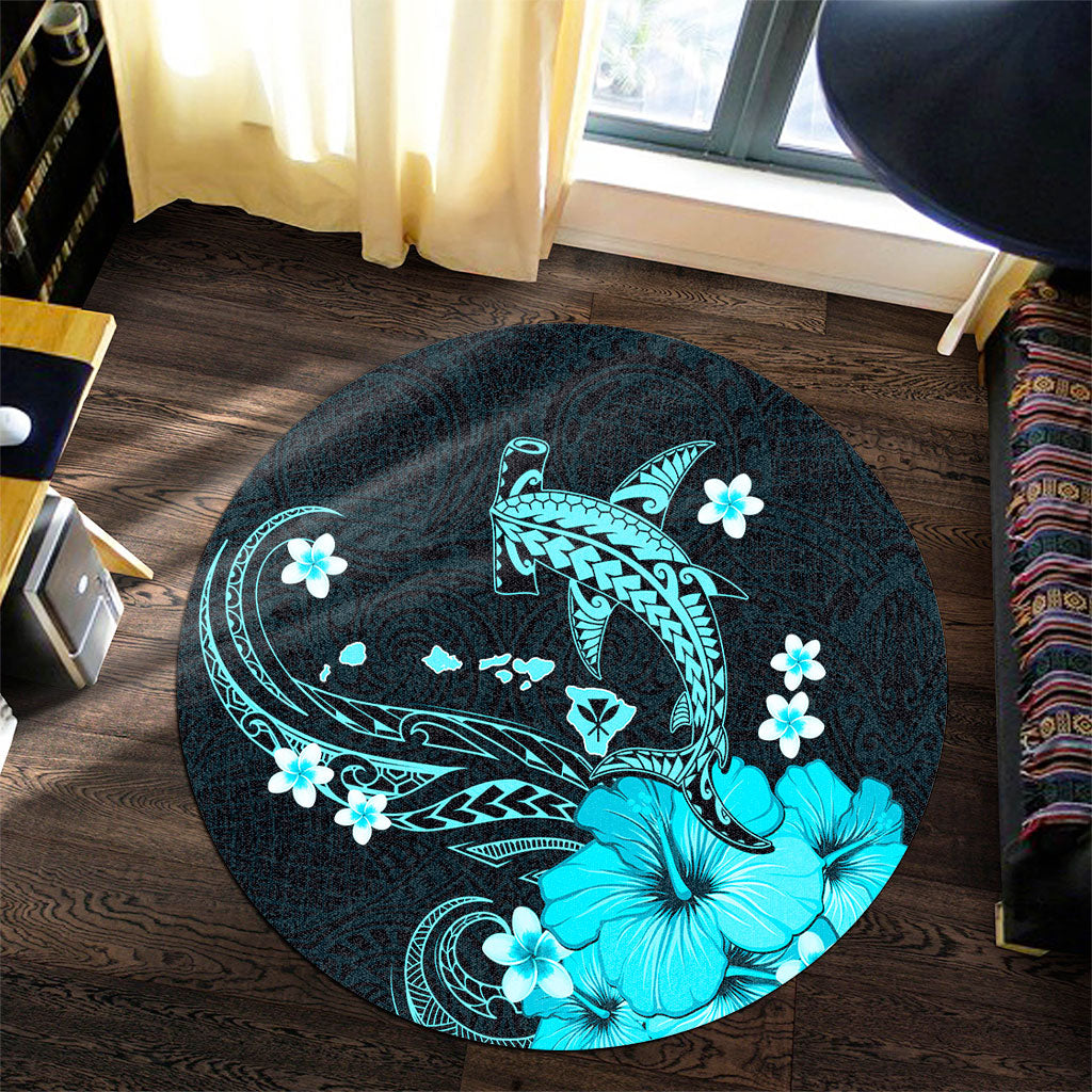 Hawaii Round Rug Kanaka Map And Shark Tribal Tattoo Turquoise