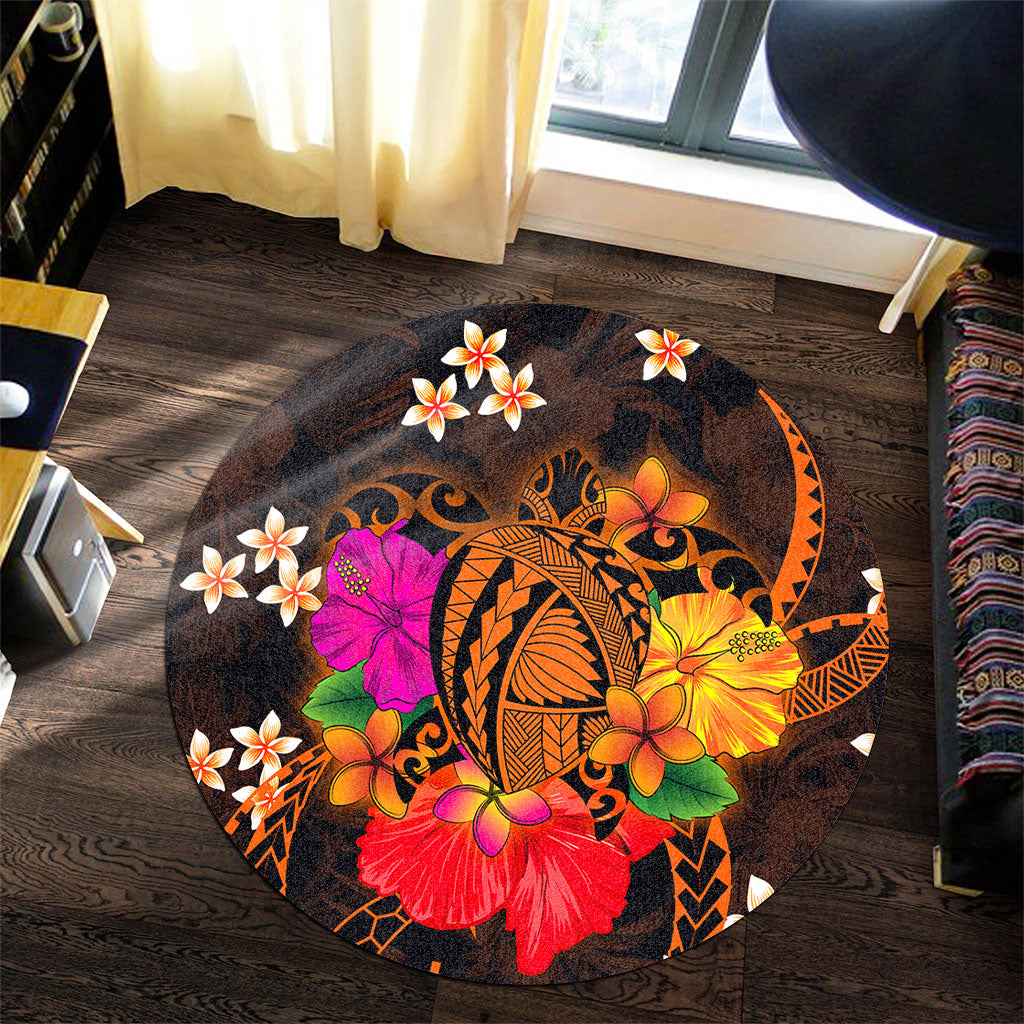Hawaii Round Rug Polynesia Tribal Turtle Tropical Flower
