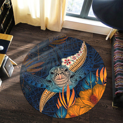 Hawaii Round Rug Turtle Design With Hibiscus Tropical Style