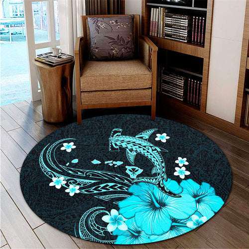 Hawaii Round Rug Kanaka Map And Shark Tribal Tattoo Turquoise
