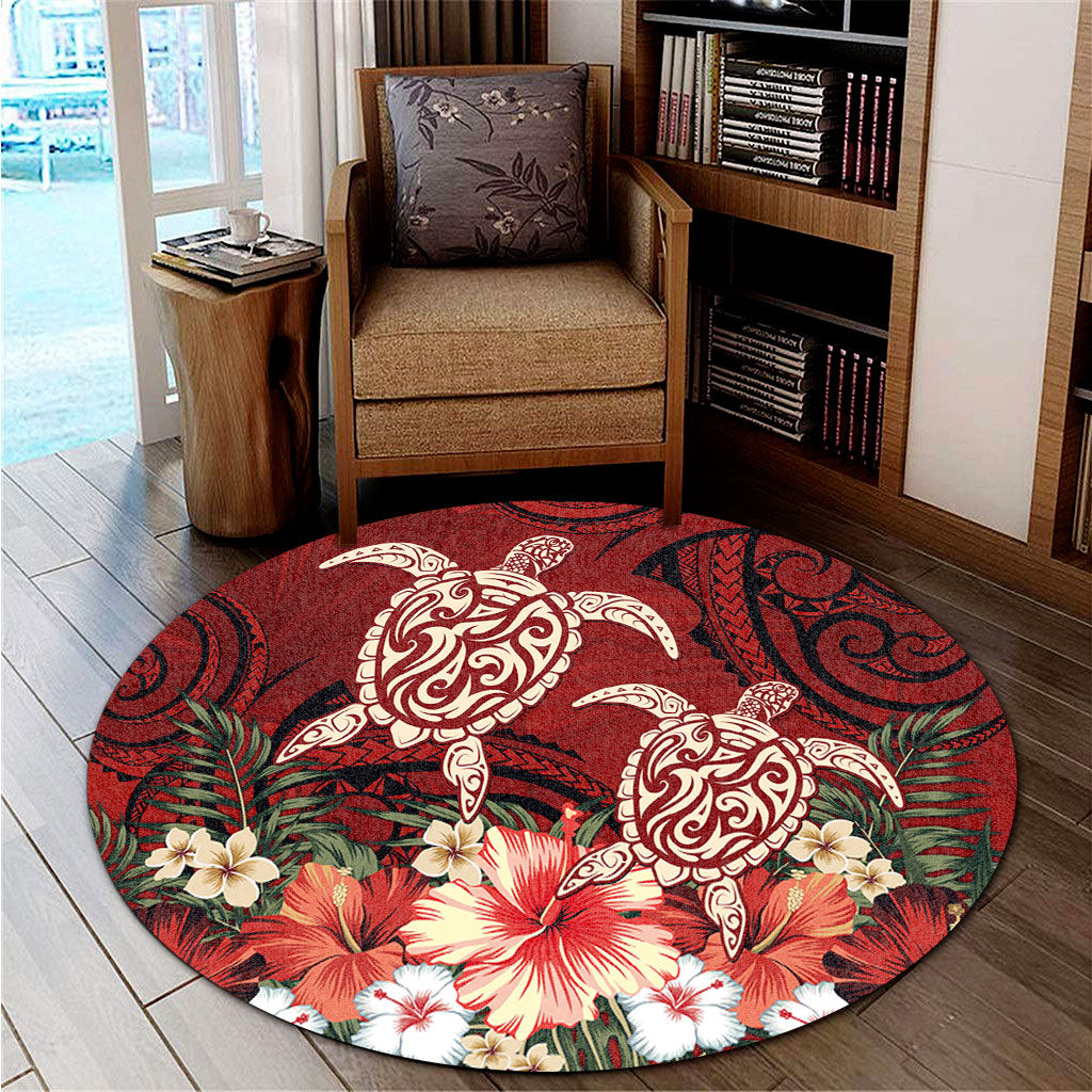 Hawaii Round Rug Polynesia Turtle Drawing Tropical Flower