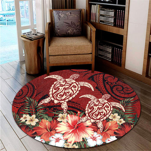 Hawaii Round Rug Polynesia Turtle Drawing Tropical Flower