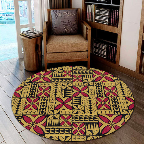 Samoa Round Rug Siapo Design Tribal Pattern Yellow