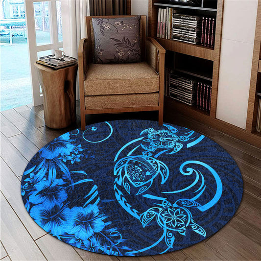 Hawaii Round Rug Hibiscus Flower And Map On The Back Turtle