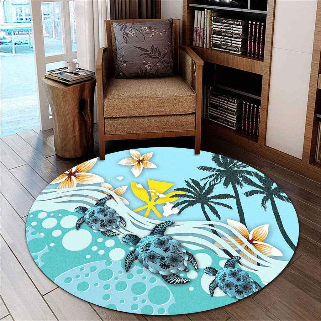 Hawaii Round Rug Kanaka Maoli Turte Blue Hibiscus