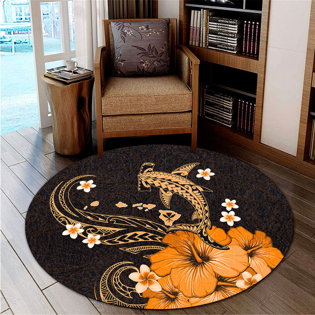 Hawaii Round Rug Kanaka Map And Shark Tribal Tattoo