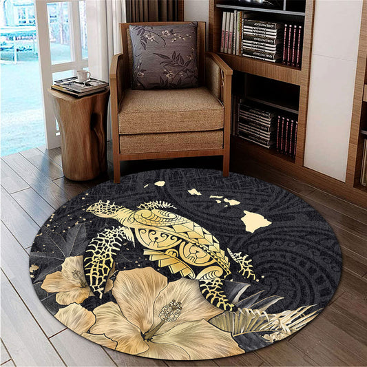 Hawaii Round Rug Turtle Hibiscus Gold