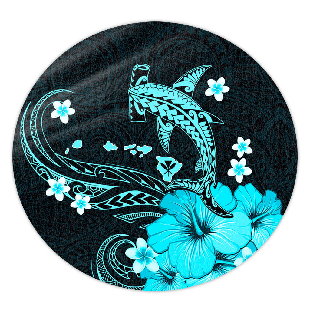 Hawaii Round Rug Kanaka Map And Shark Tribal Tattoo Turquoise