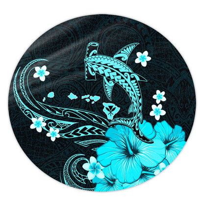 Hawaii Round Rug Kanaka Map And Shark Tribal Tattoo Turquoise
