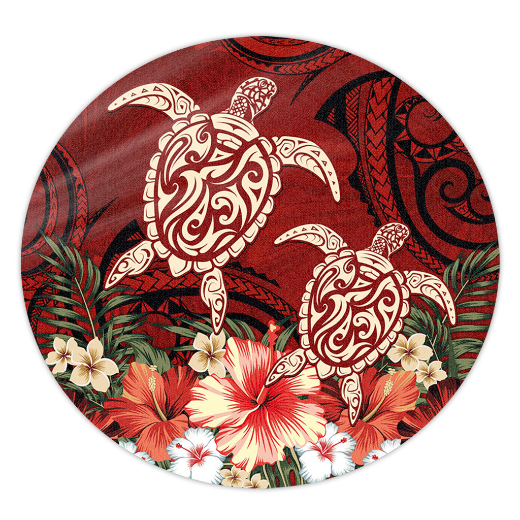 Hawaii Round Rug Polynesia Turtle Drawing Tropical Flower