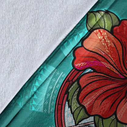 Hawaii Premium Blanket Hawaiian Map Turtle Hibiscus Flowers Polynesian Patterns Style