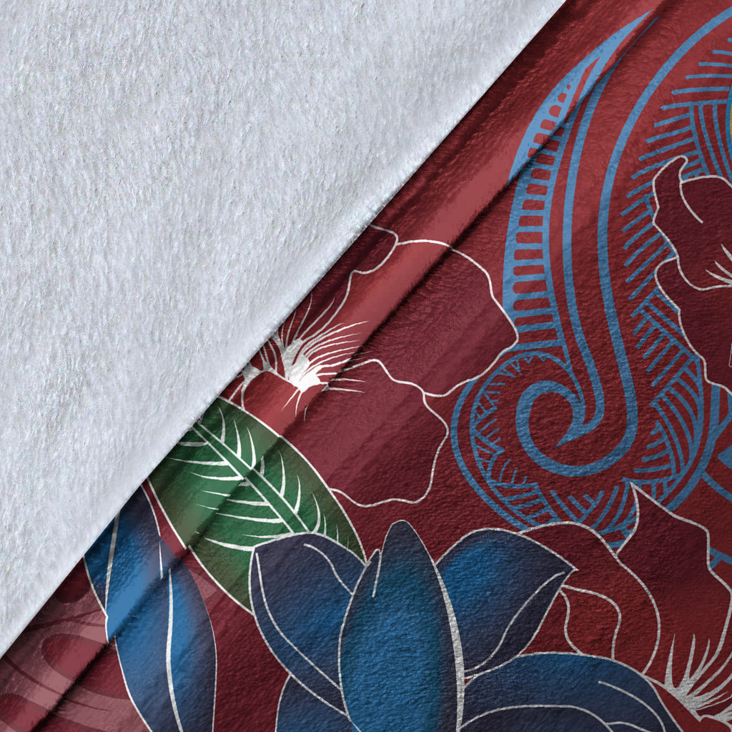 Hawaii Premium Blanket Polynesian Cultures Turtle Couple Tropical Flowers Red Color