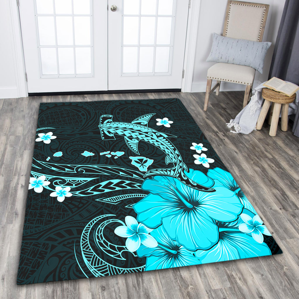 Hawaii Area Rug Kanaka Map And Shark Tribal Tattoo Turquoise