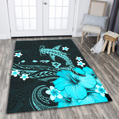 Hawaii Area Rug Kanaka Map And Shark Tribal Tattoo Turquoise