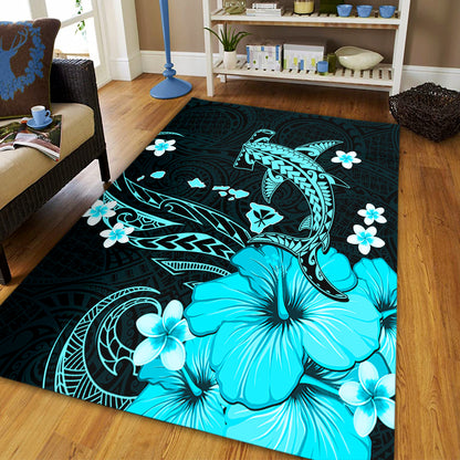 Hawaii Area Rug Kanaka Map And Shark Tribal Tattoo Turquoise