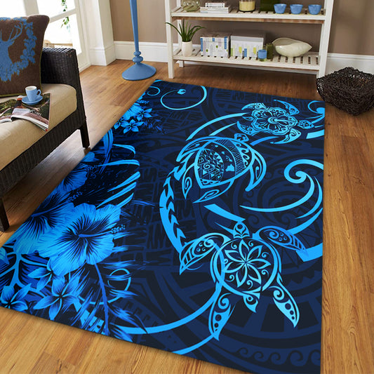 Hawaii Area Rug Hibiscus Flower And Map On The Back Turtle