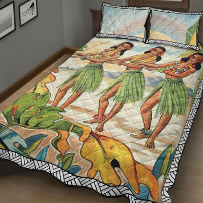 Aloha Nui Loa From Hawaii Hula Girls Quilt Bed Set